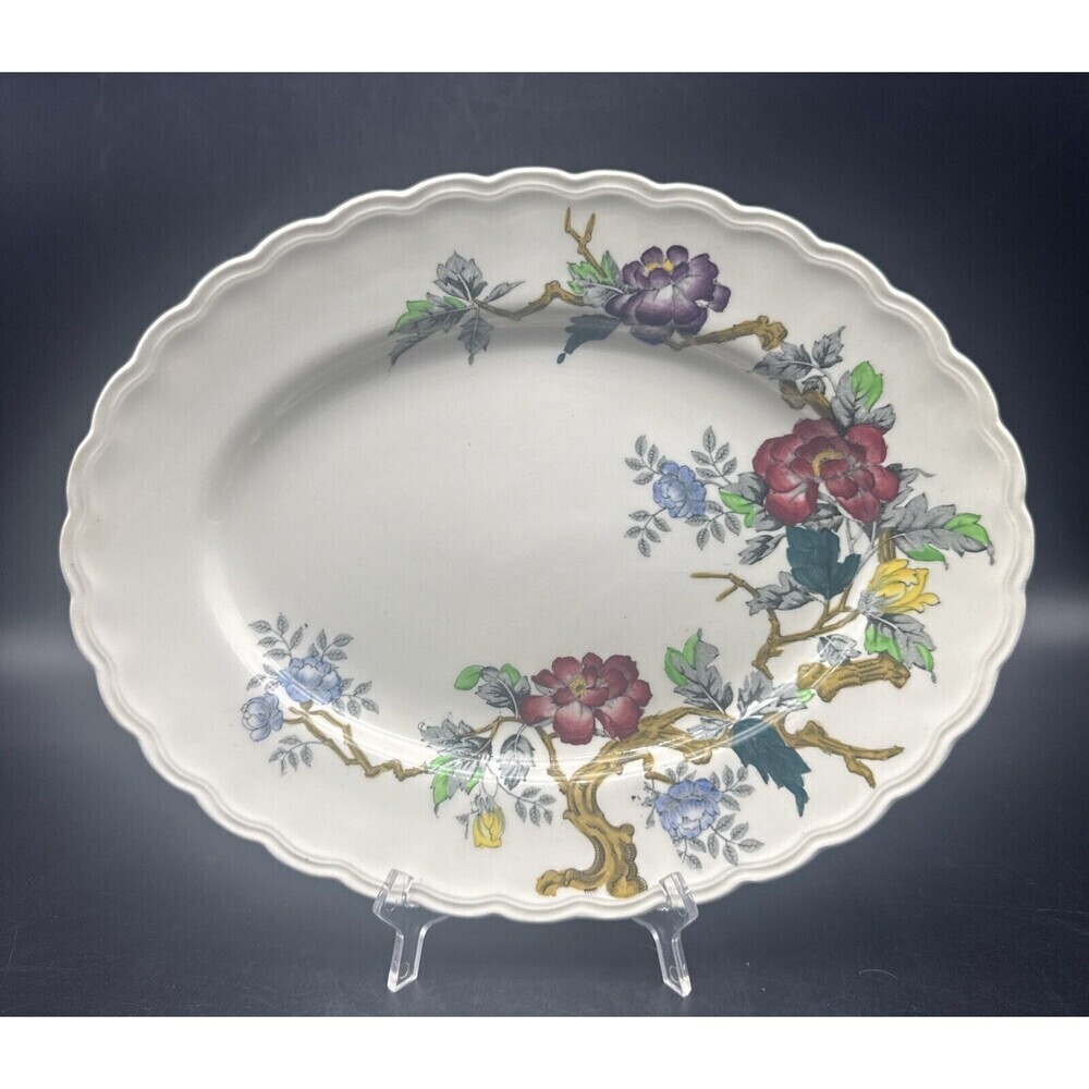 VTG Wood & Sons ASHBOURNE Floral Oval Serving Platter Scalloped Edge England 12”